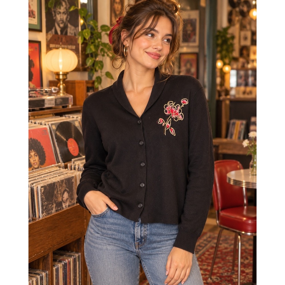 Emma James Liz Claiborne Black Floral Embroidered Cardigan Sweater Womens Medium